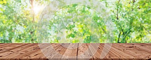 Blur Green Bokeh with Wooden table foreground for Eco Natural Products Advertising Montage Wide Panorama Background