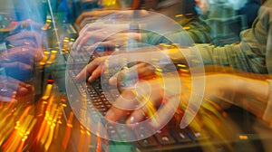 A blur of hands typing feverishly on keyboards as attendees compete in a coding competition at a tech convention