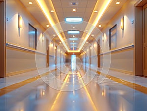 Immagine serena e sfocata di un corridoio d\'ospedale vuoto, immerso in una luce fresca e rasserenante. photo