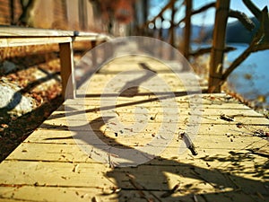 Blur image of wooden walkway at seaside Nami Island