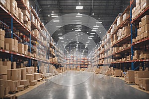 Blur large warehouse with card boxes products goods stock factory inventory storage area for background