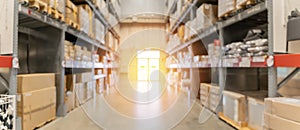 Blur large warehouse products goods stock factory inventory storage area for background