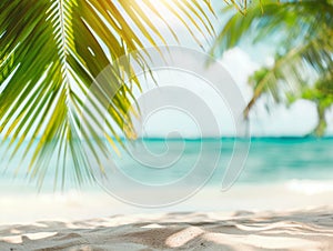 Blur nature summer vacation background, green palm leaf on tropical beach with sun light and wave background