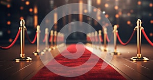 blur photo of Red carpet and velvet ropes on night background