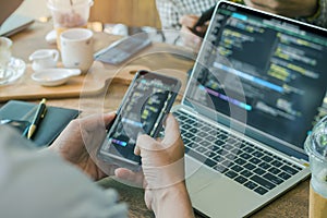 Blur soft focus group, Developer programming and coding technology smartphone and computer ,Website design Safety of the social