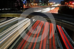 The blur of traffic lights at dusk and the bridges crossing over the 110 freeway.