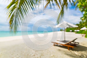 Blur of tranquil beach scene, palm leaf on tropical beach landscape for background wallpaper. Design of summer vacation holiday