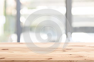 Blur white clean home with empty space wooden table for products advertising montage background