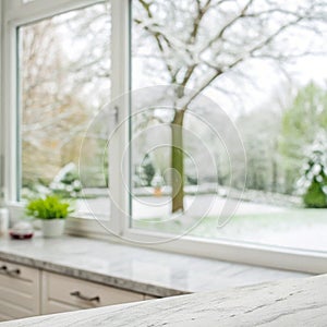 Blur White Green Abstract Panoramic Banner Background from Kitchen Window