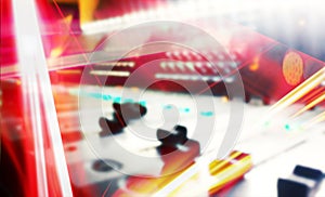 blured audio sound mixer with buttons and sliders and light efects