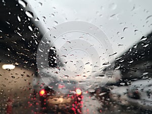 Blured background with rains drop on glass and cars on the road, Road view through car window blurry with rain