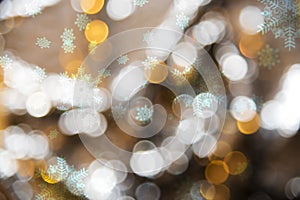 Blured Golden Lights Background, Party, Christmas Texture With Snowflakes