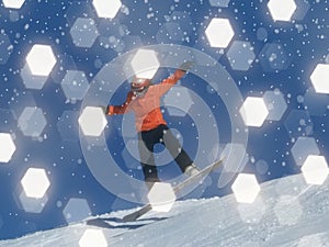 Blured Snowboarder with abstract Bokeh flights for winter background