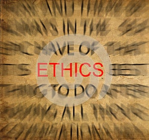 Blured text on vintage paper with focus on ETHICS