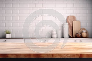 Blurred and abstract background. Empty wooden tabletop and defocused modern kitchen background for display or montage your