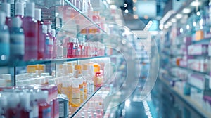 Blurred abstract background image of cosmetics shelves and shelves in cosmetics store.