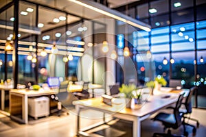 Blurry abstract office interior at night