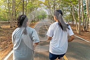 Blurred back view of two young women doing morning run together in a park, camera focus on background