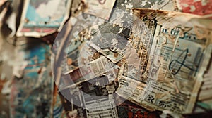 A blurred backdrop of worn concert tickets and faded gig posters evoking a sense of wistfulness for bygone days on the photo