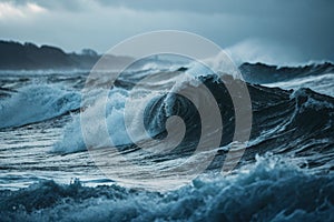 Blurred background of black blue waves with grainy texture