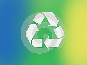 Blurred background with black recycling symbol and blue, green and yellow colors, garbage separation. Environmental conservation