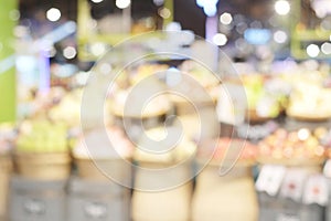 Blurred background, blur grocery supermarket at shopping store banner, blurry shelf product display and customer people backdrop