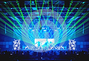 Blurred background : Bokeh lighting in concert with audience ,Music showbiz concept photo