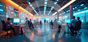 Blurred background of businesspeople working in modern tech office. Workers use computers, focused on tasks, in data center.