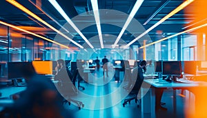 Blurred background of businesspeople working in modern tech office. Workers use computers, focused on tasks, in data