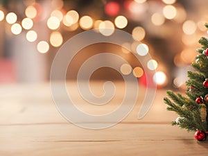 Blurred background on Christmas holiday with empty brown wooden table