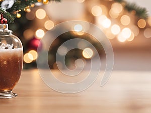 Blurred background on Christmas holiday with empty brown wooden table