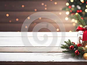 Blurred background on Christmas holiday with empty brown wooden table