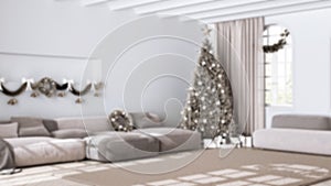 Blurred background, Christmas tree and presents in modern living room with sofa and carpet. Parquet and vaulted ceiling, Modern