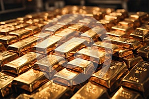 Blurred background. Close-up of gold bars. AI generation.