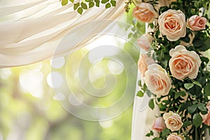 A blurred background complements a square wedding arch adorned with roses