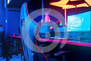 Blurred background computer pc, keyboard armchair, blue and red lights. Concept online eSports arena for gamer playing