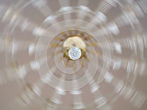 Blurred background concept. Crystal chandeliers with the gold core,  hanging from the ceiling. Seleective focus and copyspace