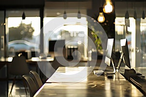 Blurred background of empty modern office space with a bokeh effect