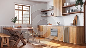 Blurred background, farmhouse bleached wooden kitchen and dining room. Cabinets and table with chair. Wabi sabi interior design