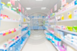Blurred background with goods on shelves in a pharmacy minimarket.