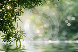 A blurred background of green bamboo leaves, with light and shadow on the left side of the screen. the foreground is a light