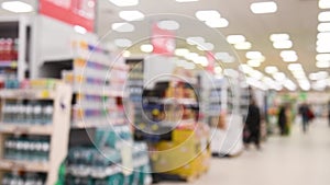 Blurred background of grocery store and people in the supermarket