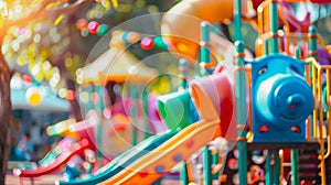 Blurred background image of Childrens Wonderland showcasing a vibrant playground filled with slides swings and climbing