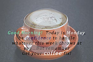 Blurred background image of a cup of coffee with text.