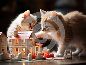 Blurred background kitten and dollhouse play