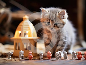 Blurred background kitten and dollhouse play