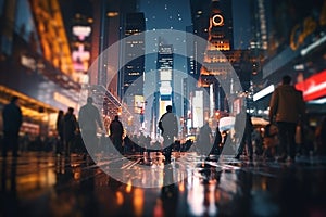 Blurred background of the night city, busy street, illuminated buildings and skyscrapers