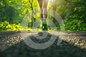 Blurred background with person jogging in sunlit park. Concept healthy lifestyle and outdoor exercise. Selective focus