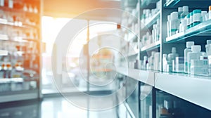 Blurred background of pharmacy shelves, showcasing pharmaceutical products.