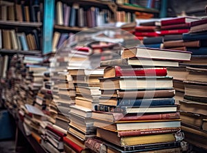 Blurred background of pile of books in the study room of high school, college, or university campus. Education or